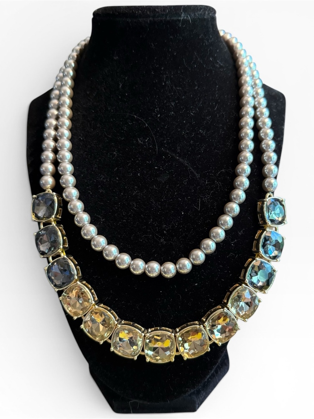 Talbots Silver Gray Pearls with Multi-Color Crystal Necklace
